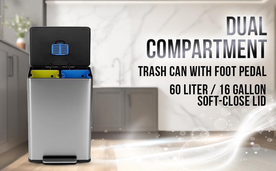 Simpli-Magic 16 Gallon (60L) Step Trash Can – Dual Compartment Kitchen Garbage Can – Waste &
