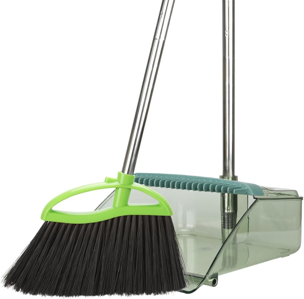 Soft Bristles Green Angle Broom and Dustpan Set, Long Handle Household Indoor Broom with Dustpan