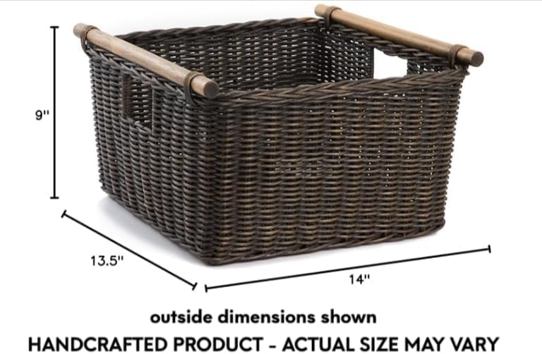 The Basket Lady Deep Pole Handle Wicker Storage Basket, Medium, 13.5 in L x 14 in W x 9 in H