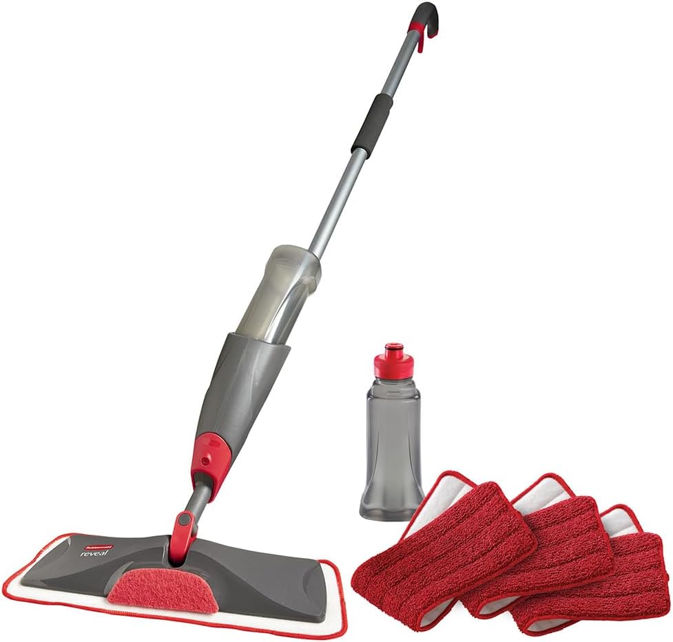 Rubbermaid Reveal Spray Mop Floor Cleaning Kit, 3 Reusable Microfiber Wet Pads, 1 Refillable