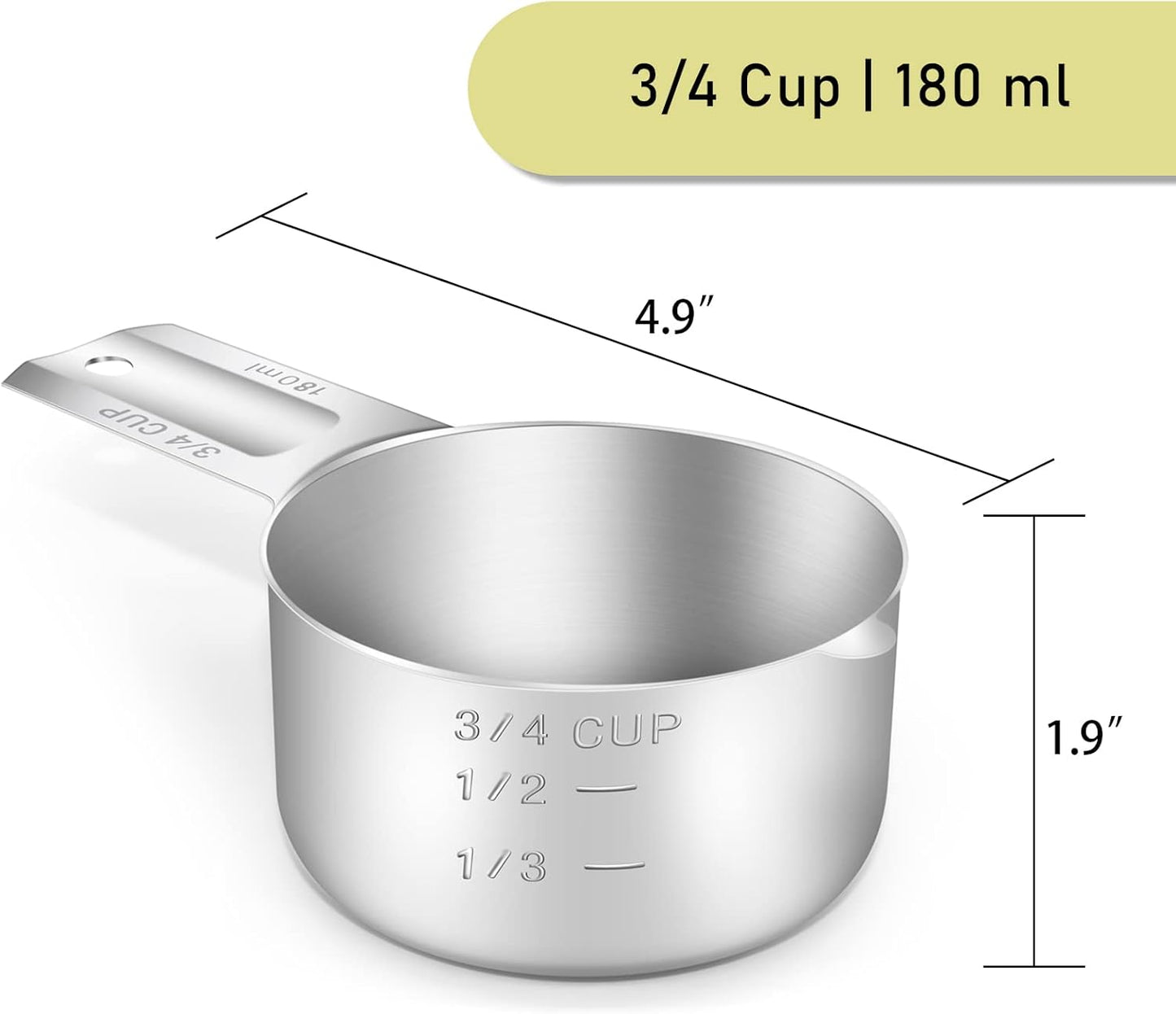 2PCS 3/4Cup (180ml, 6oz) Single Measuring Cup, Stainless Steel Measure Scoop, Metric and US
