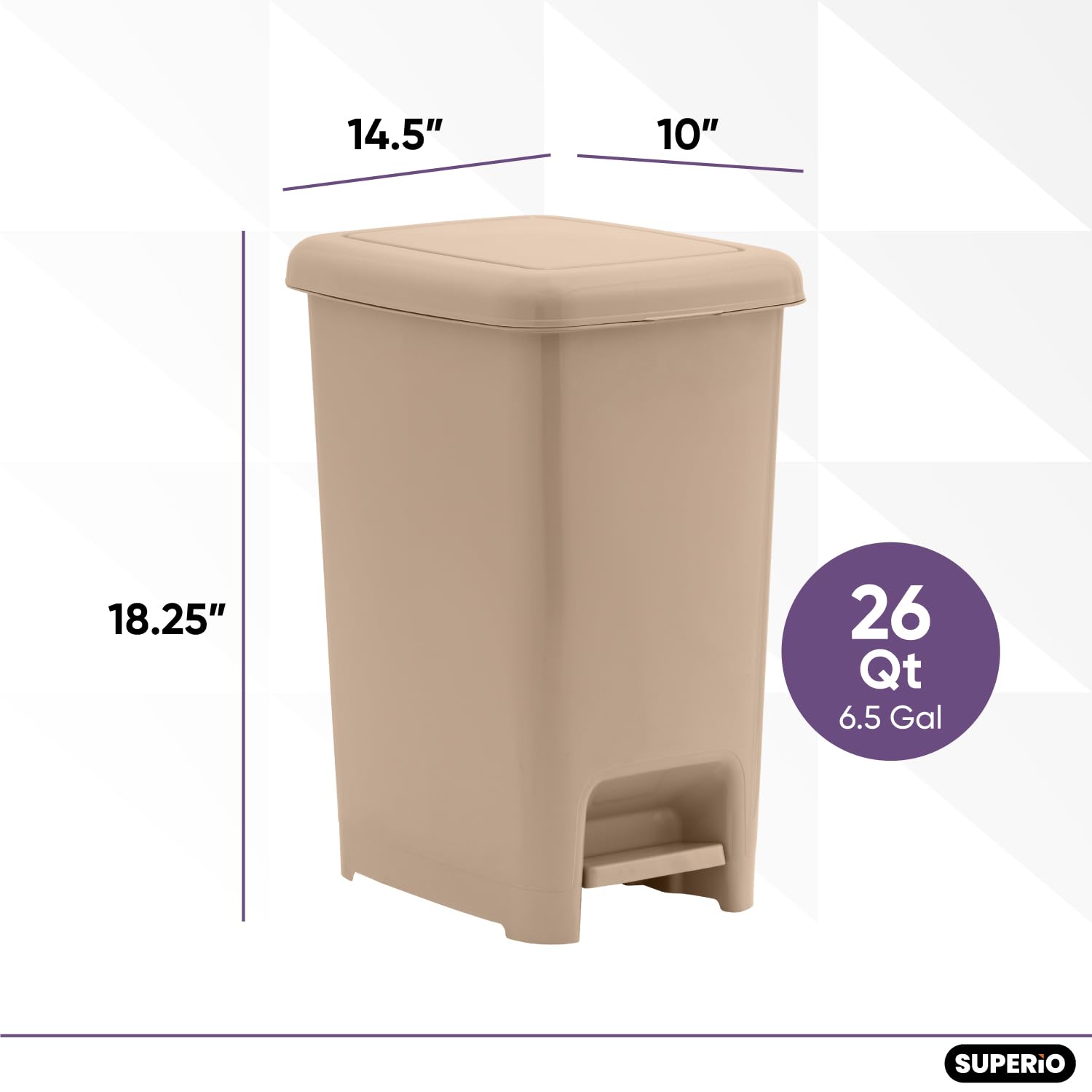Superio Slim Step On Trash Can, Beige Waste Bin with Foot Pedal Lid 26 Liter, Kitchen, Under Desk