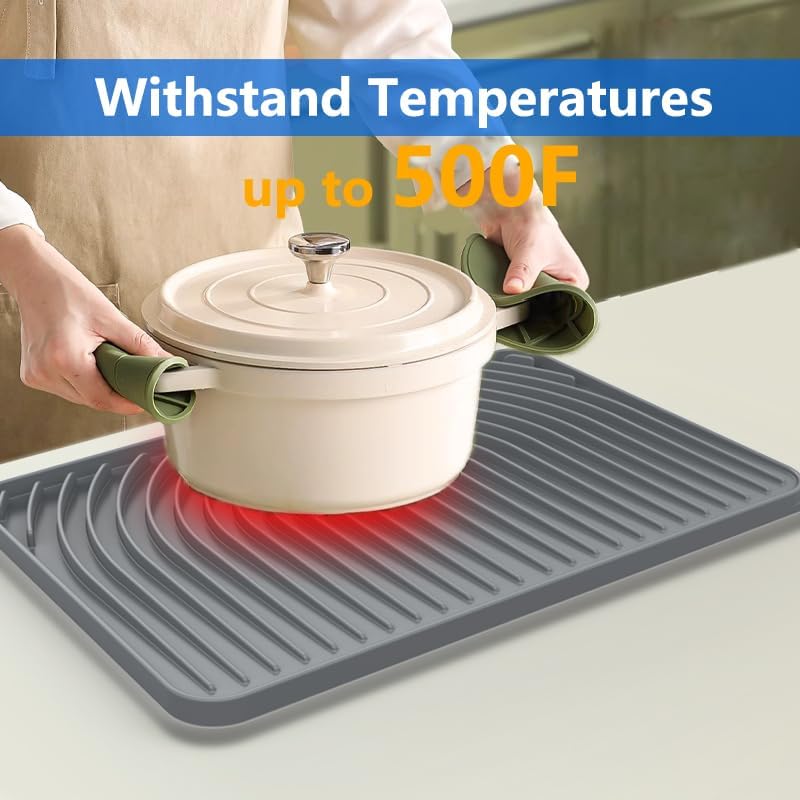 Dish Drying Matt for Kitchen Counter,18"×12"Silicone Dry Rack Mat with Built in Drain, Kitchen Dry