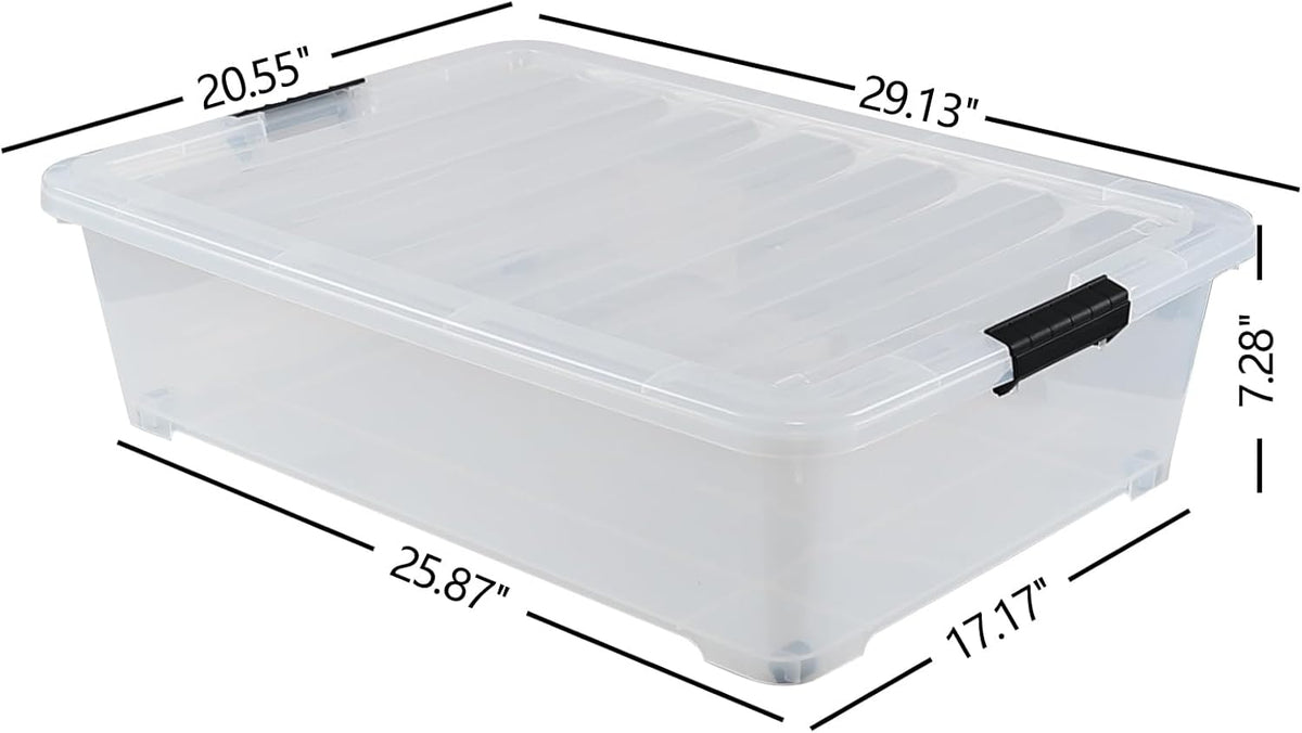 50 Quart Clear Plastic Under Bed Storage Bin with Lid, Underbed Storage Container with Wheels