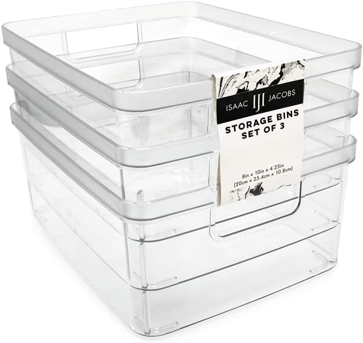 Isaac Jacobs 3-Pack Medium Clear Storage Bins (8” L x 10” W x 4.25” H) w/Cutout Handles, Plastic