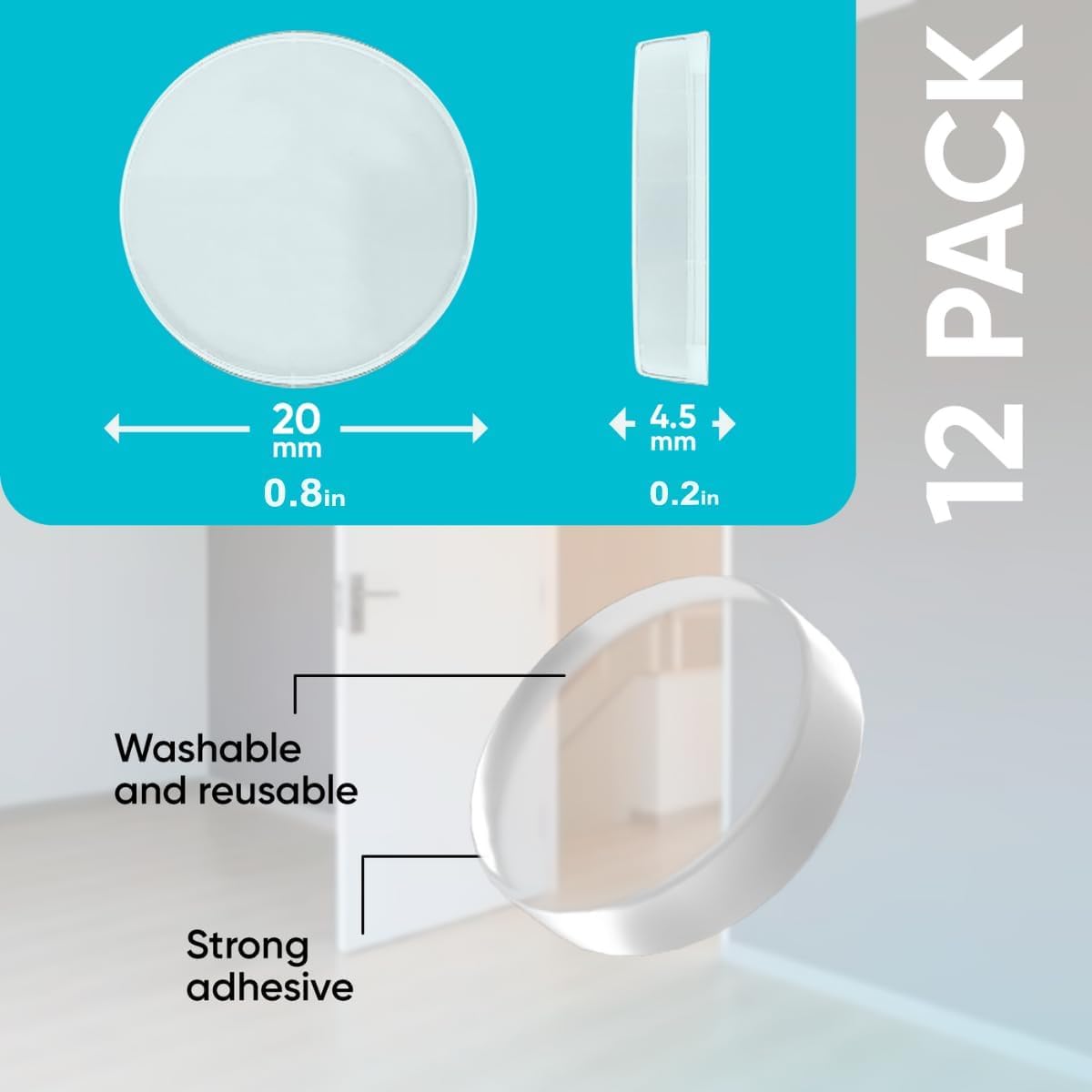 Strongest Wall Door Handle Stopper Set. 12 Pieces of Clear Rubber Door Knob, Round Wall Shield