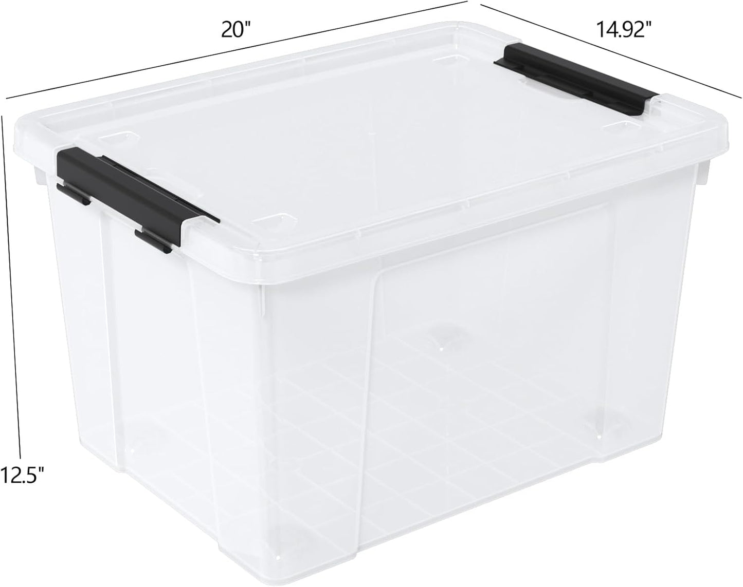Set of 4 50 L Stackable Plastic Storage Container with Latching Lids and Wheels, Clear Home Garage