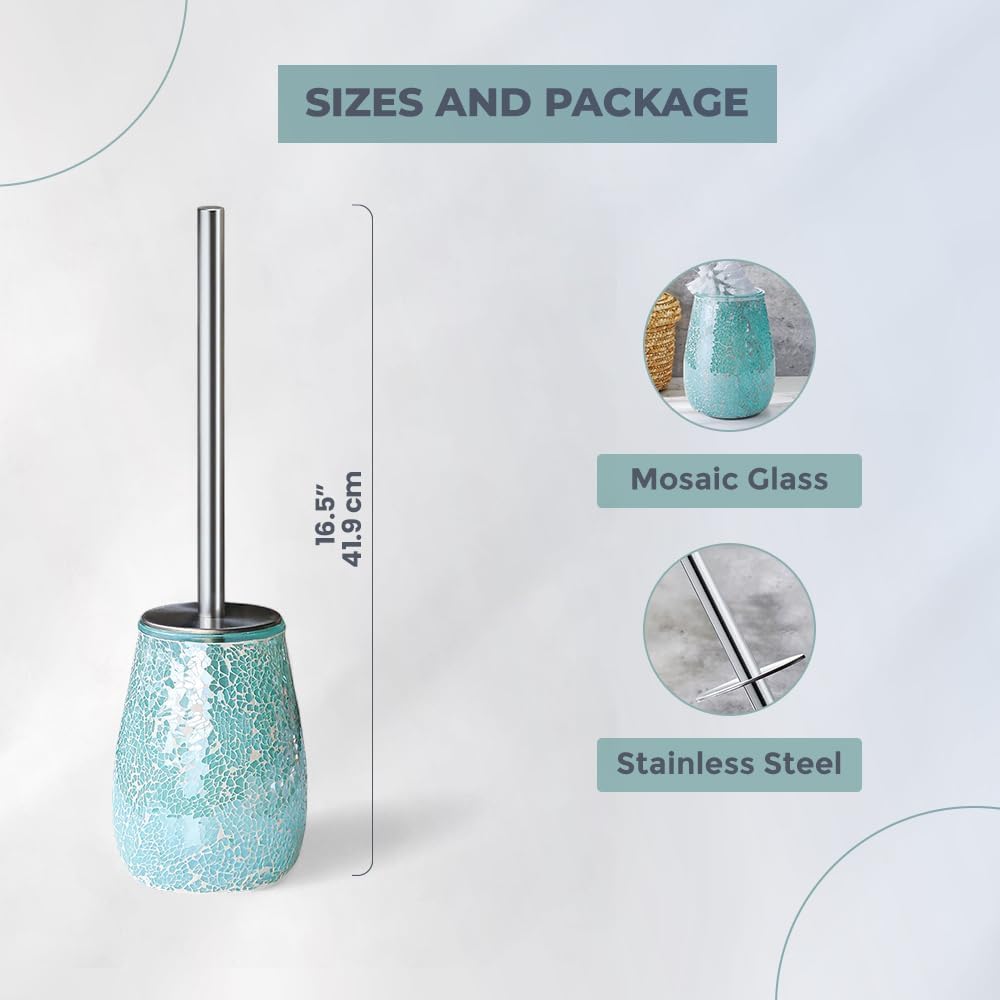 Escenzy Turquoise Green Toilet Brush and Holder Set Mosaic Glass | Non-Rustic Stainless Steel |