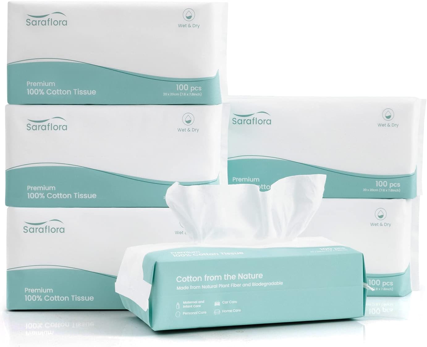 Saraflora 100% Cotton Facial Tissue Soft Dry Wipe 6 Pack, Use for Sensitive Skin Disposable Face