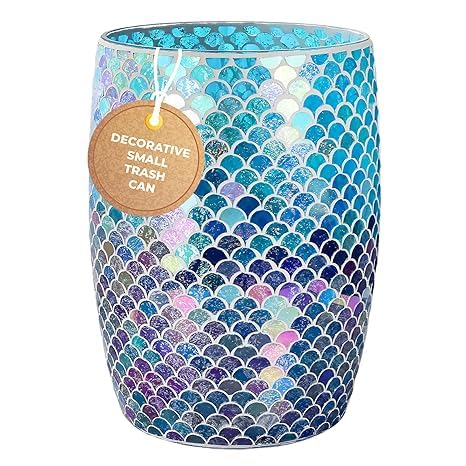 Escenzy Mermaid Bathroom Trash Can Mosaic Glass 5L | Decorative Small Garbage Can | 7" x 10" |