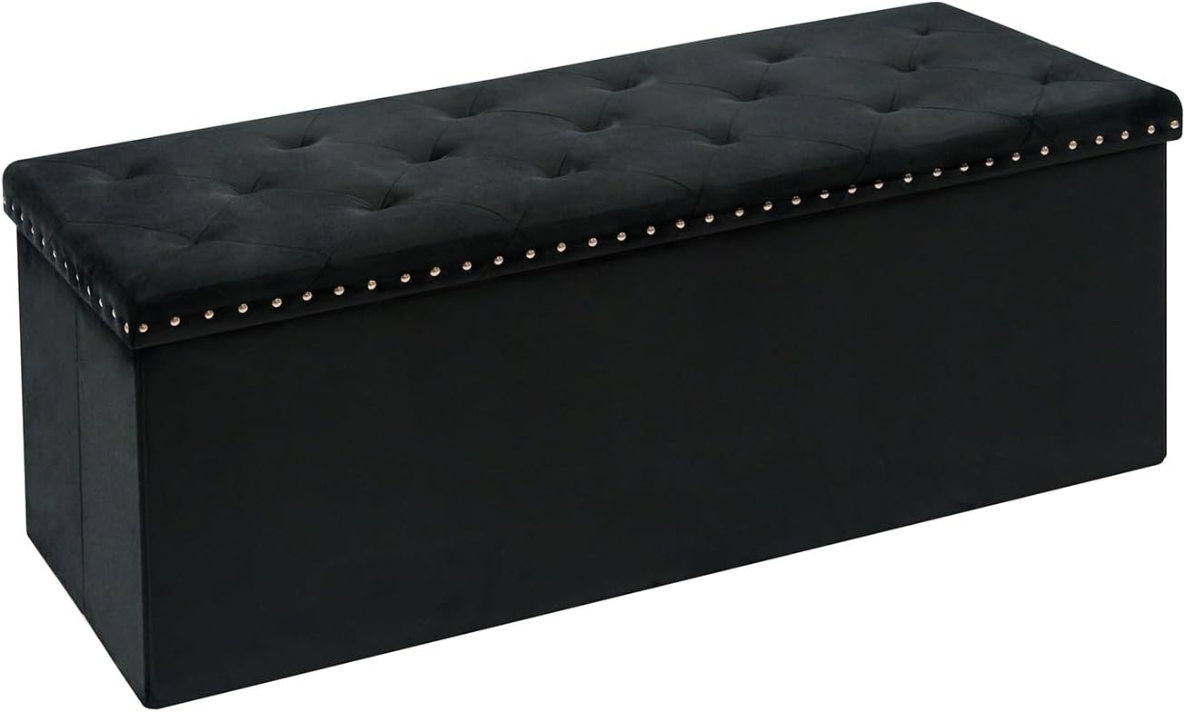 Velvet Storage Ottoman Bench, 43.3" Folding Ottoman with Rivet Trim, Heavy-Duty Upholstered