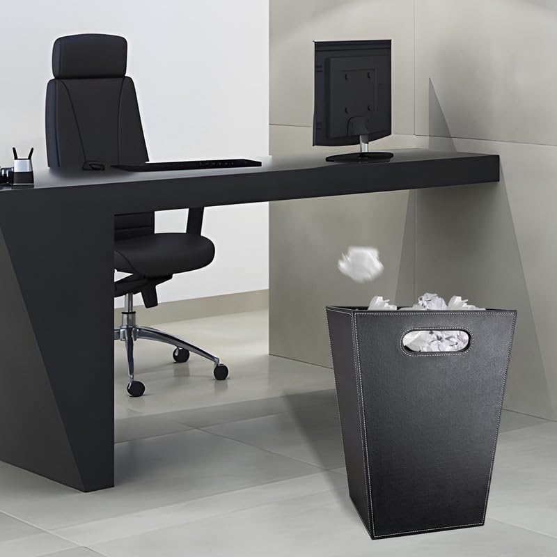 Pu Leather Trash Can for Bedroom, 16L/4.2 Gallon Office Wastebasket with Handles for Near Desk