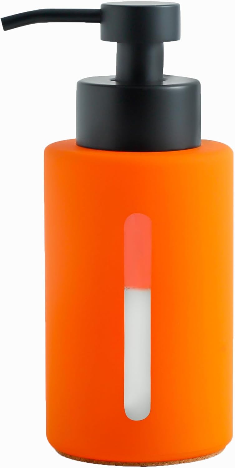 Enra Fall Glass Soap Dispenser with Window,12oz Orange Bathroom Soap Dispenser with Stainless Steel