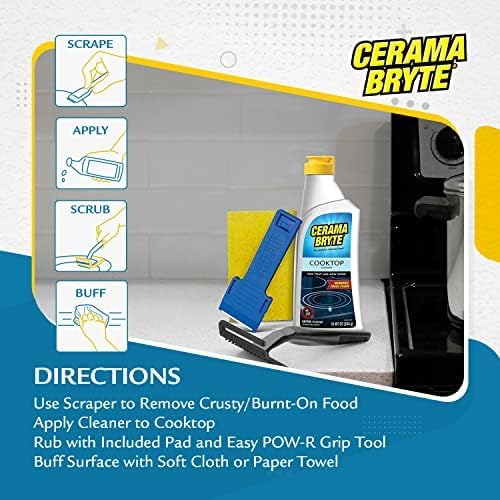 Cerama Bryte Glass Cooktop and Stove Top Cleaner Combo Kit - Includes Cleaning Tool, Razor, Scraper