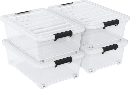 4 Pack Multipurpose 25 Qt Underbed Secure Latching Bin, Plastic Storage Container with Snap-On Lid