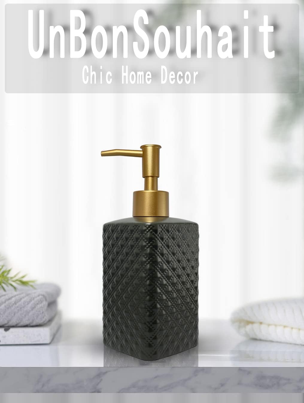 Gold Soap Dispenser for Bathroom,Black Square Lotion Dispenser, Refillable Countertop Ceramic Hand