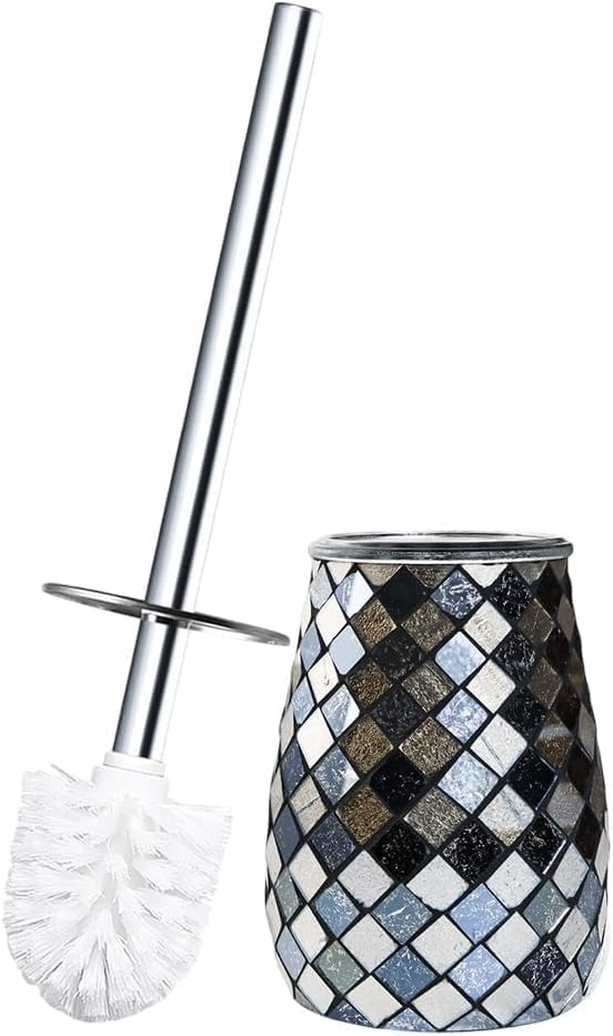 Escenzy Modern Toilet Brush and Holder Set Mosaic Glass | Non-Rustic Stainless Steel | Practical &