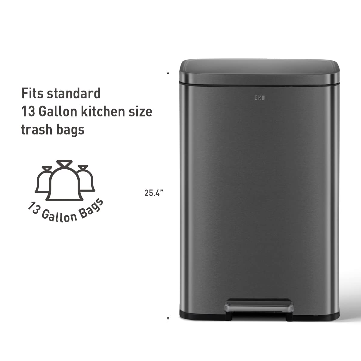 EKO Madison Matte Black 50 Liter/13.2 Gallon Step Trash Can with Inner Liner - Fingerprint