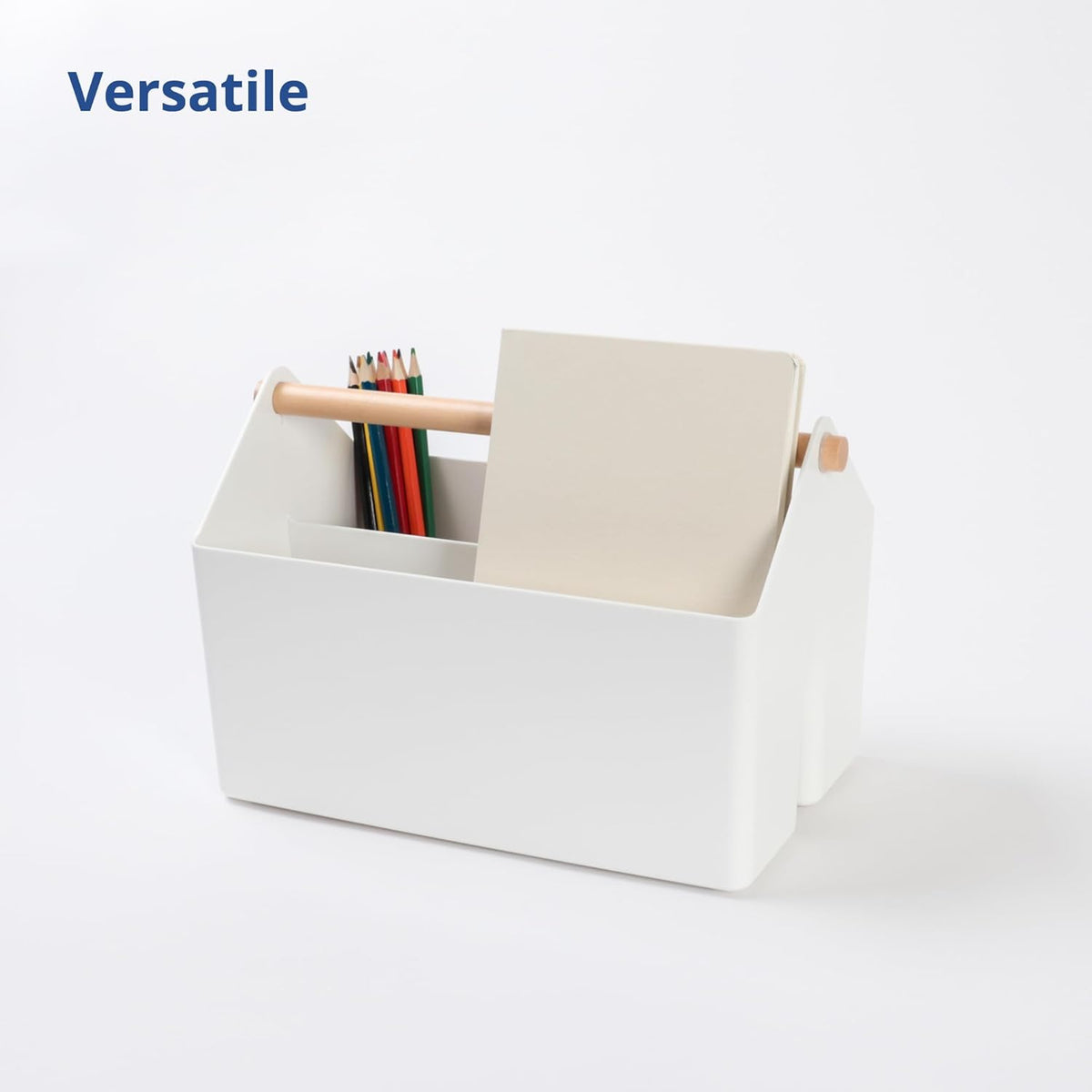 BLUE GINKGO Medium Storage Basket – Plastic Caddy with Wooden Handle for Office, Arts & Crafts, or