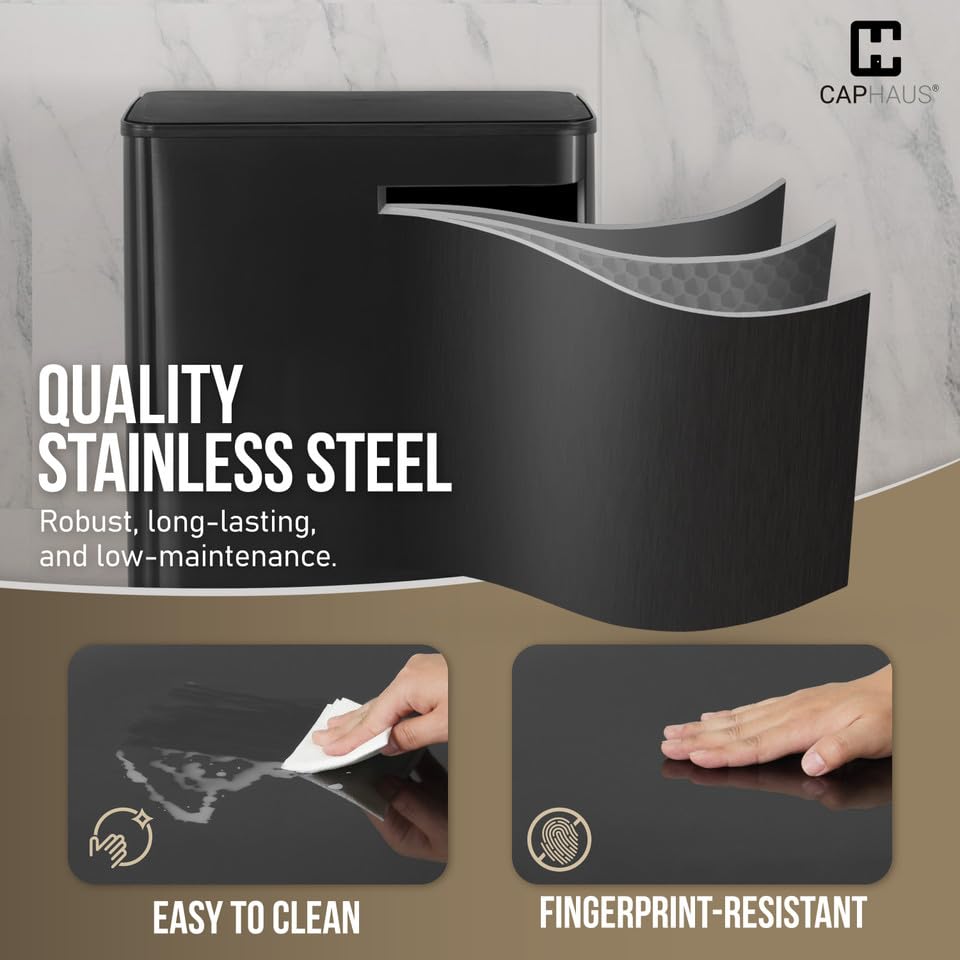 CAPHAUS Black Dual Trash Can w/Single Lid, Trash & Recycle Bins Combo, Hands-Free Stainless-Steel