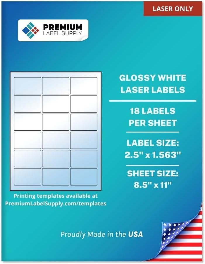 Premium Label Supply Glossy White Sticker Labels – 2.5" x 1.563" – (18 per Sheet) (Glossy White for