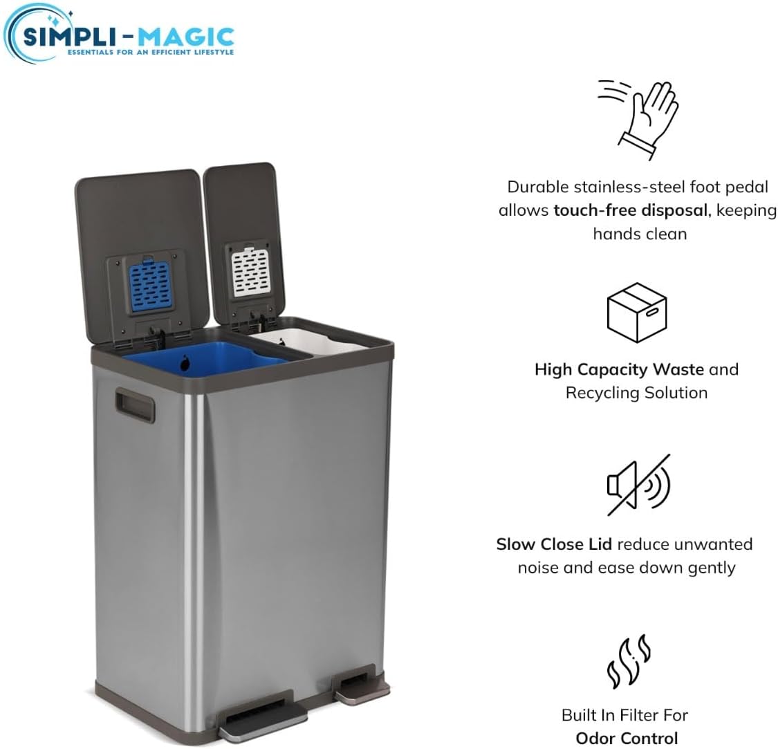 Simpli-Magic 16 Gallon (38L x 22L) Dual Compartment Step Trash Can – Kitchen Garbage Can with Waste