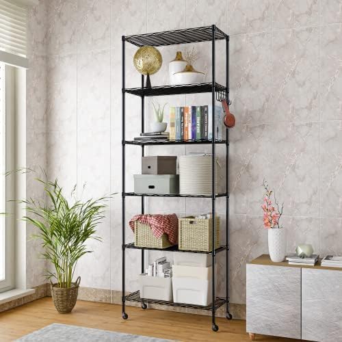 Himimi 6-Tier Storage Shelf Units, Adjustable Wire Shelving with Wheels, Metal Shelves with