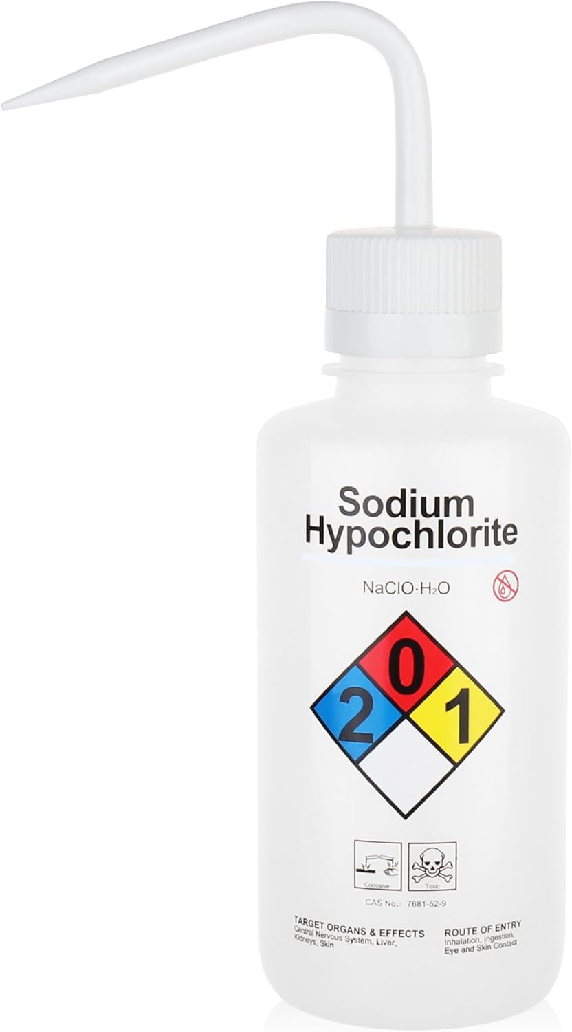 Sodium Hypochloride Wash Bottles, Vol.500ml (17oz), Narrow Mouth, Self-Venting Safety Wash Bottles