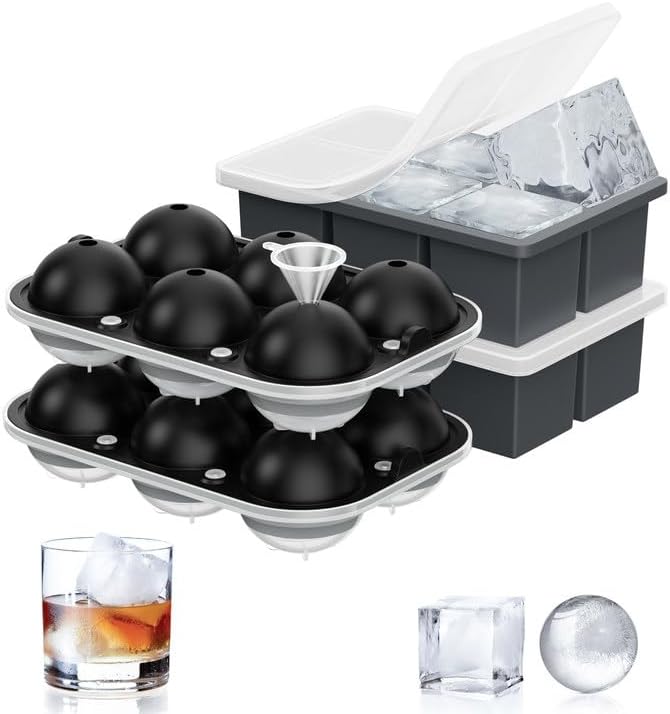 ROTTAY Ice Cube Trays (Set of 4), Sphere Ice Ball Maker with Lid & Large Square Ice Cube Maker for
