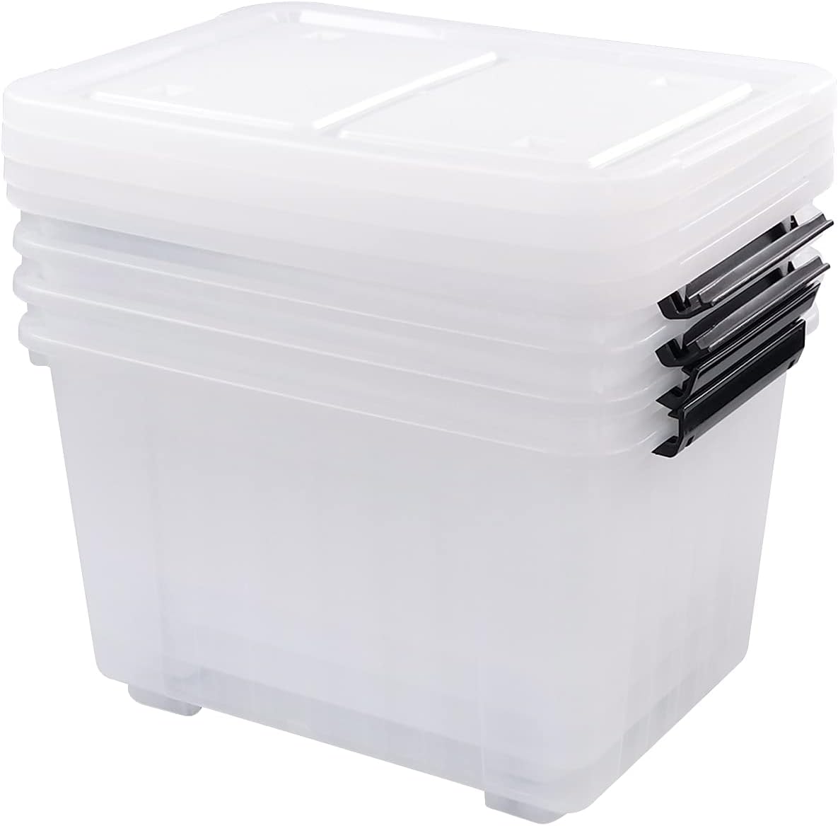 4 Packs 30 L Stackable Plastic Storage Bins with Lids and Wheels, Latching Clear Storage Container