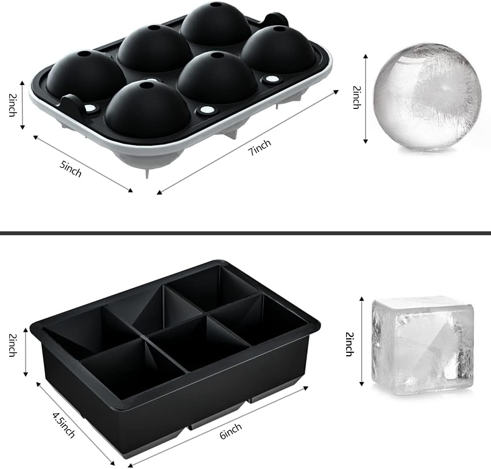 ROTTAY Ice Cube Trays (Set of 2), Sphere Ice Ball Maker with Lid & Large Square Ice Cube Maker for