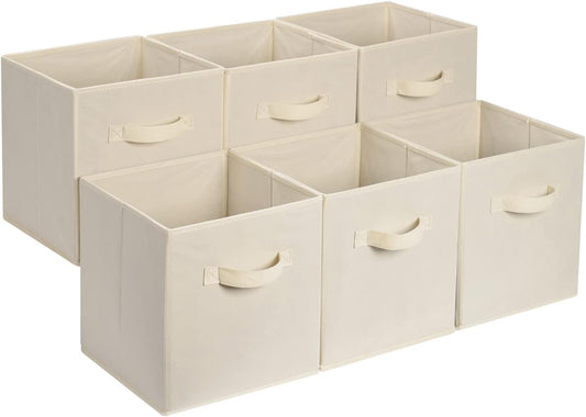Amazon Basics Collapsible Fabric Storage Cube Bins Organizer with Handles, Sturdy, Beige