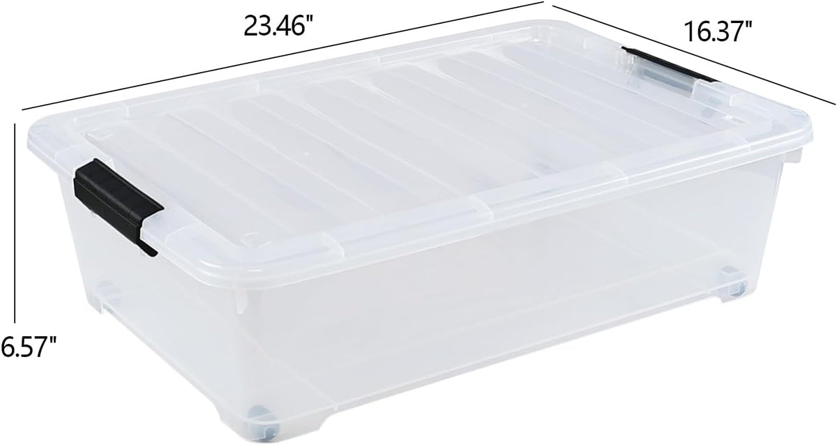 25 Quart Plastic Under Bed Storage Boxes, Wheeled UnderBed Storage Container, 3 Pack, Clear