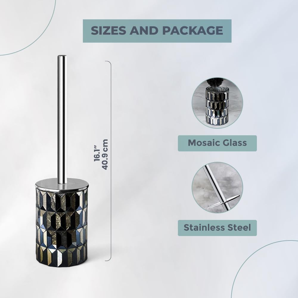Escenzy Cute Toilet Brush and Holder Set Mosaic Glass | Non-Rustic Stainless Steel | Practical &