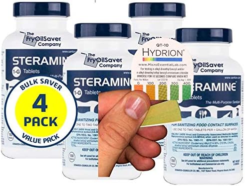 Pack of 4 (600 Tab) Steramine Sanitizing Tablets w/ 30x QT-10 Test Strips by FryOilSaver Co.
