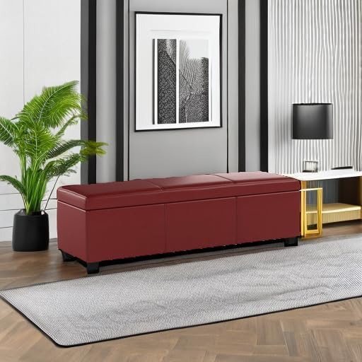 BELLEZE Storage Faux Leather Ottoman, 47 Inch Bench Bedroom Bench with Safety Close Hinge, Extra