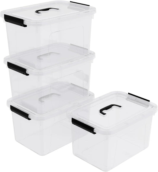 10.5 L Clear Latch Storage Bin with Lid, 4 Packs Plastic Organizing Box with Black Handle