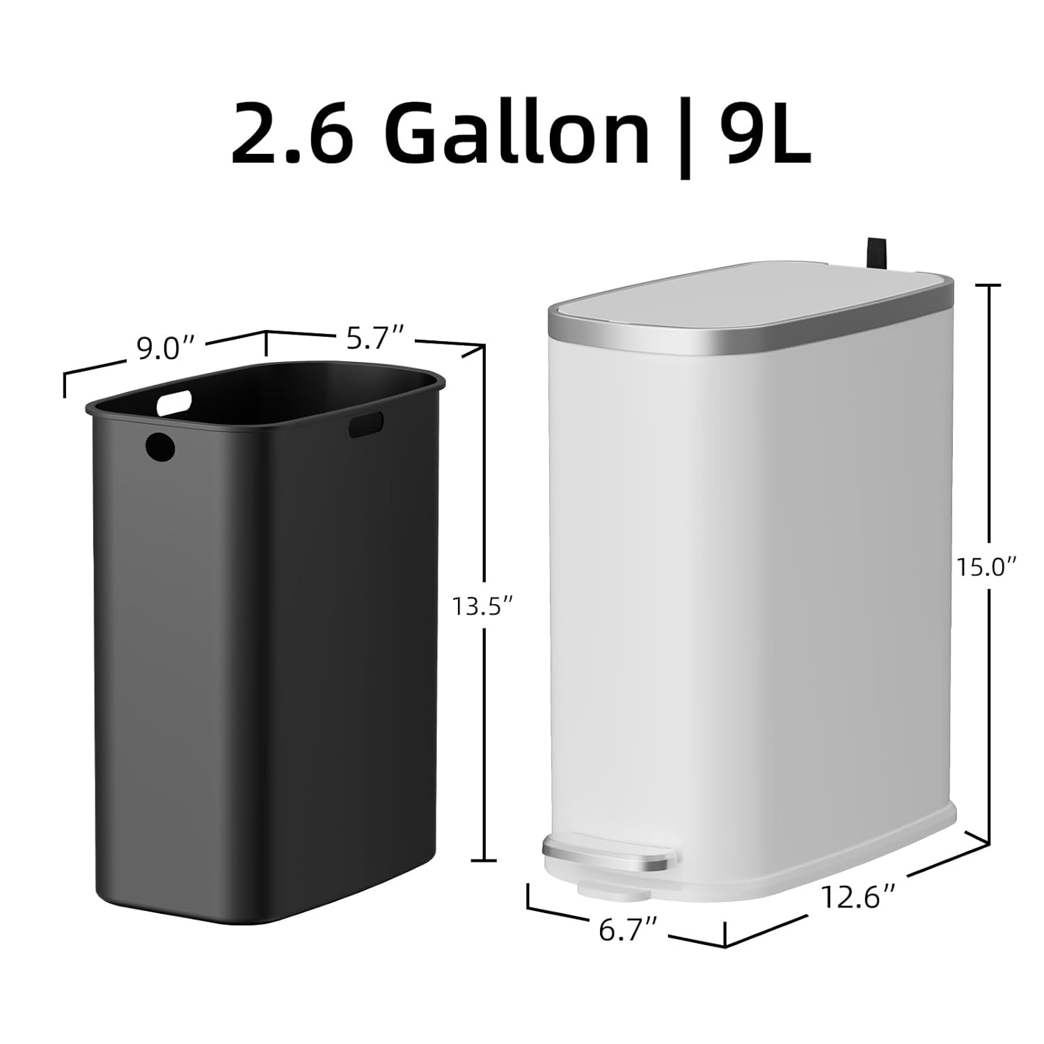 KUK Slim Bathroom Trash Can with Lid Soft Close, Step Pedal, 2.6 Gal/ 10L Stainless Steel Garbage