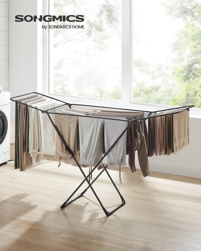 SONGMICS Clothes Drying Rack, Metal Laundry Drying Rack, Foldable, Space-Saving, Free-Standing