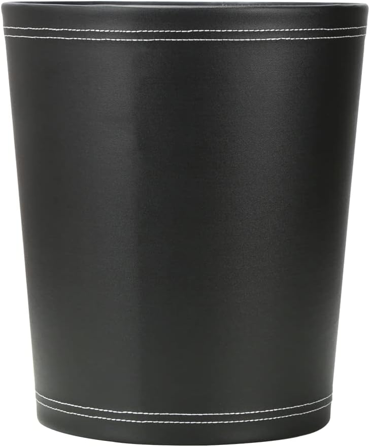 KINGFOM Classic Pu Leather Trash Can Wastebasket, Small Garbage Container Can for Bathrooms, Powder