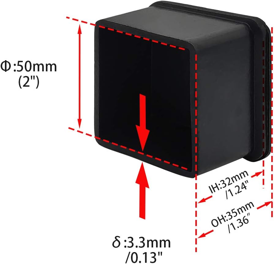 Flyshop Heavy Duty Non-Slip Rubber Leg Tips Floor Protectors Square Chair Leg Caps 50 x 50 mm, 2" x