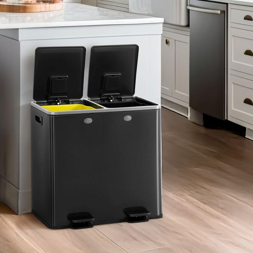 CAPHAUS Black Dual Trash Can w/Double Lid, Trash & Recycle Bins Combo, Hands-Free Stainless-Steel