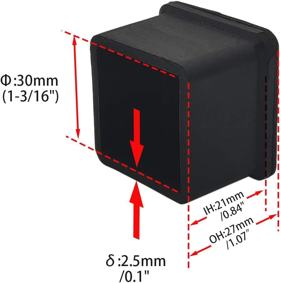 Flyshop 20PCS Non-Slip Rubber Leg Tips Floor Protectors Square Chair Leg Caps, 30mm x 30mm, 1-3/16"
