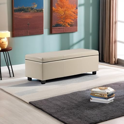 SIMPLIHOME Avalon 48 inch Wide Contemporary Rectangle Storage Ottoman Bench in Satin Cream Vegan