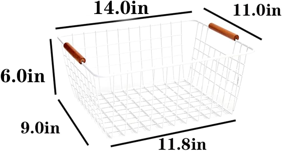 LeleCAT Large white wire baskets with Wooden Handles for storage pantry, Storage Organizer Baskets