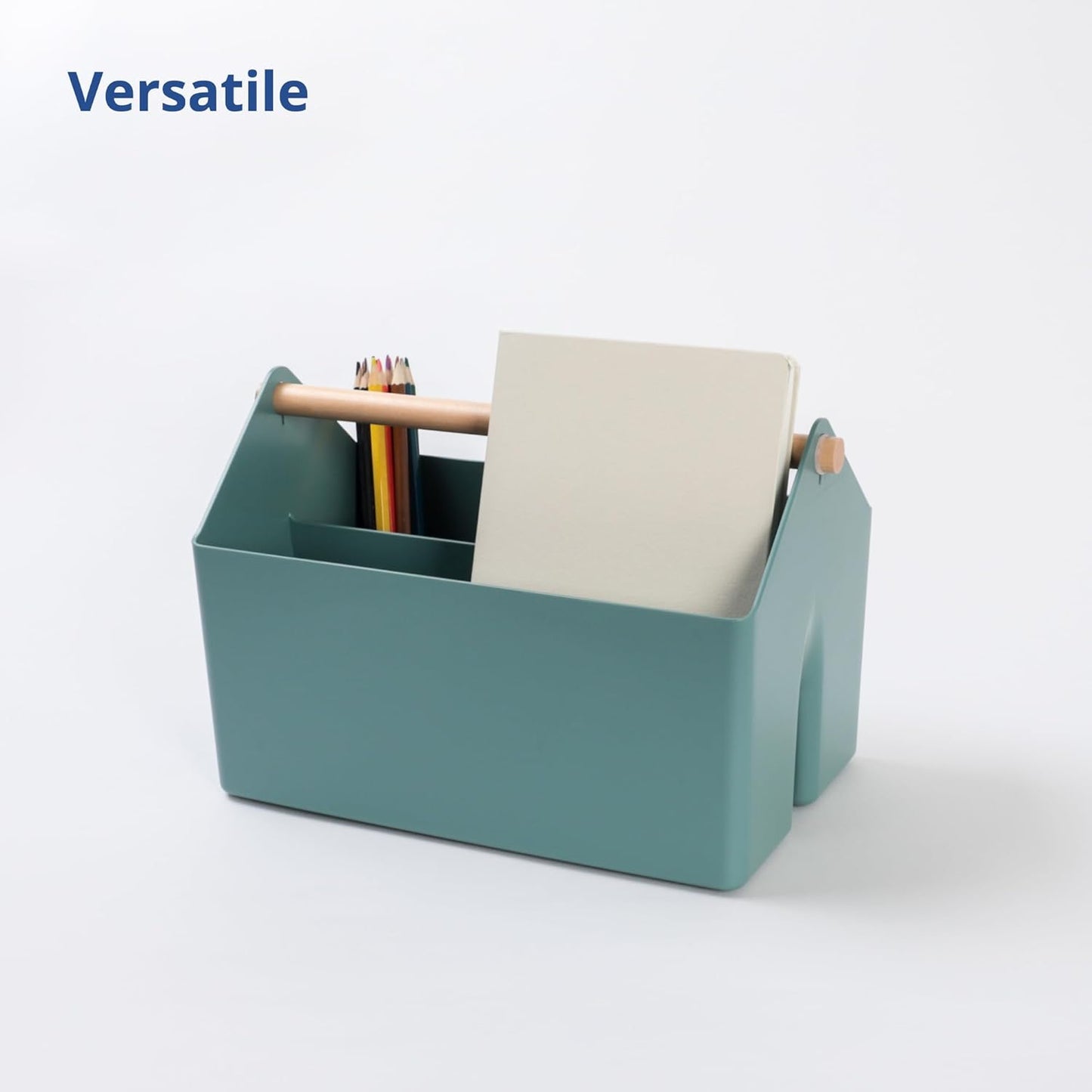 BLUE GINKGO Medium Storage Basket – Plastic Caddy with Wooden Handle for Office, Arts & Crafts, or