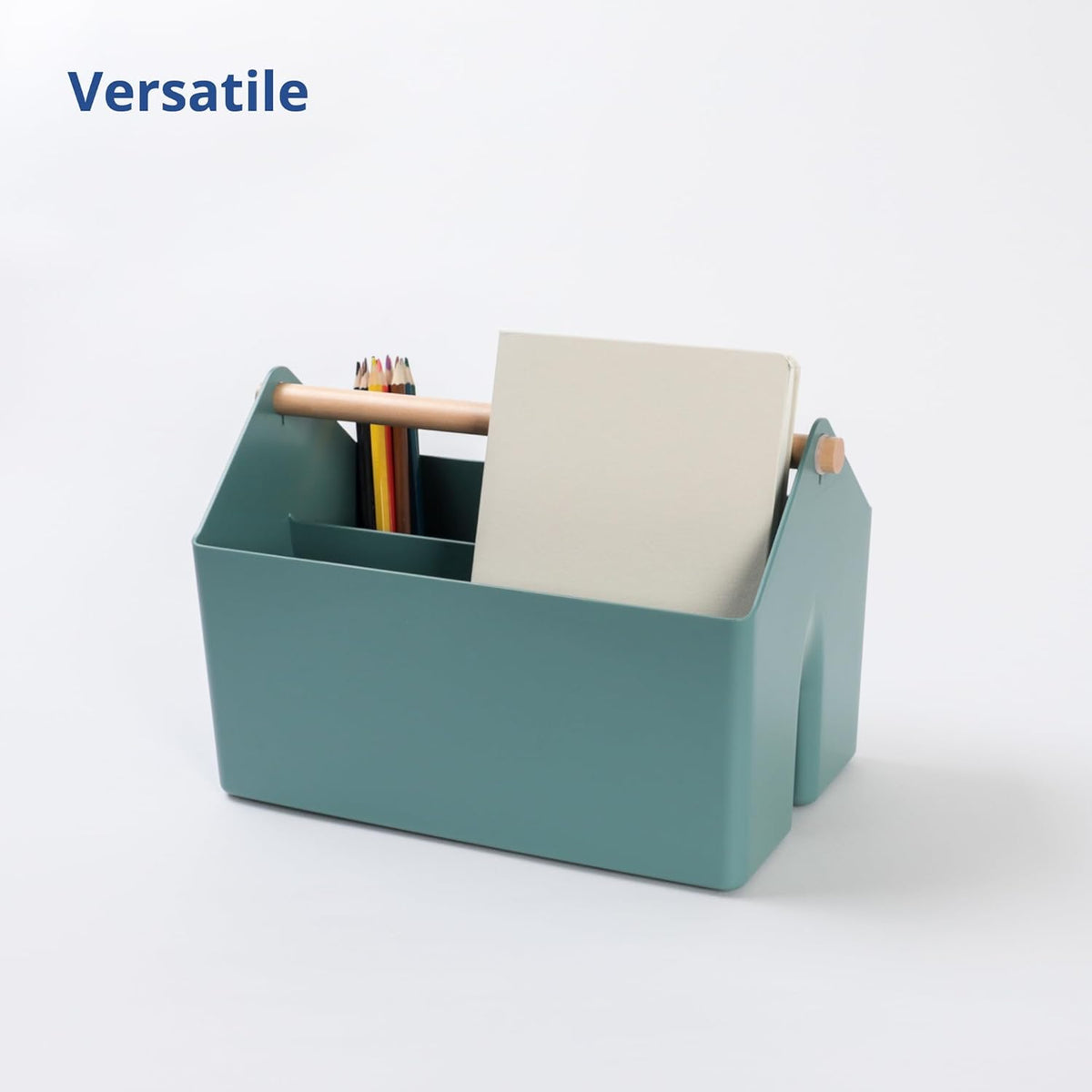 BLUE GINKGO Medium Storage Basket – Plastic Caddy with Wooden Handle for Office, Arts & Crafts, or