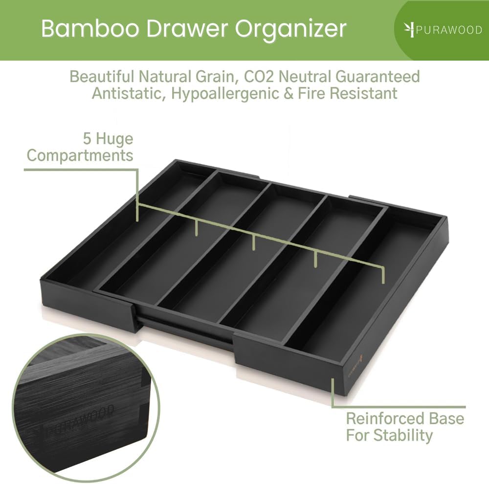 Purawood Kitchen Drawer Organizer - Expandable Utensil Organizer for Kitchen, Cutlery Tray &