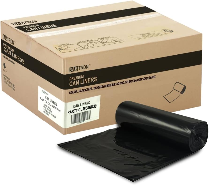 55-60 Gallon Trash Bags, 30 Micron Heavy Duty Pure LDPE Garbage Can Liners, 36" x 58" Large, Black