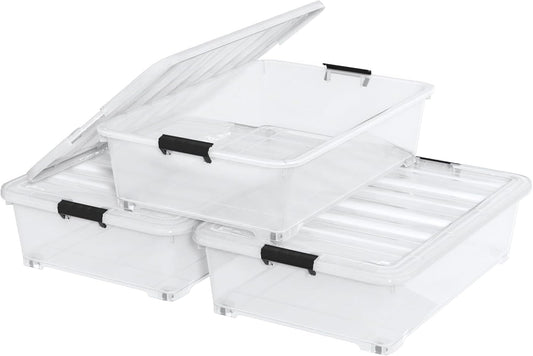 50 Quart Plastic Under Bed Storage Boxes, Clear Under Bed Storage Containers with Wheels, 3-Pack
